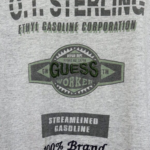 Vintage 90s Heathered Grey Guess Jeans Graphic Gasoline Car Shop Tee Size Large - Picture 6 of 8